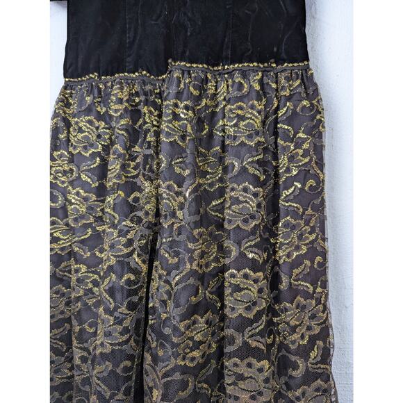 Vtg 80s Formal Dress Expo Nite Womens Small Black Gold Lace Puffy Sleeves Party - Picture 2 of 7